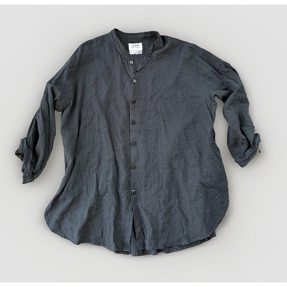 FLAX Linen Blend Mandarin Collar Shirt Womens L Black Waffle Texture Tunic - Picture 1 of 6